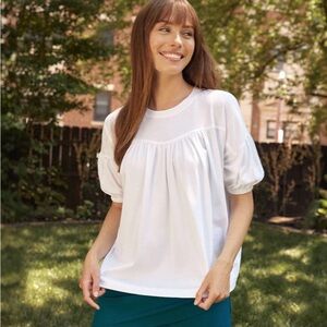 Summersalt The Luxe Pima Brezzy White Tee with Shirring and Puff Sleeves Size L